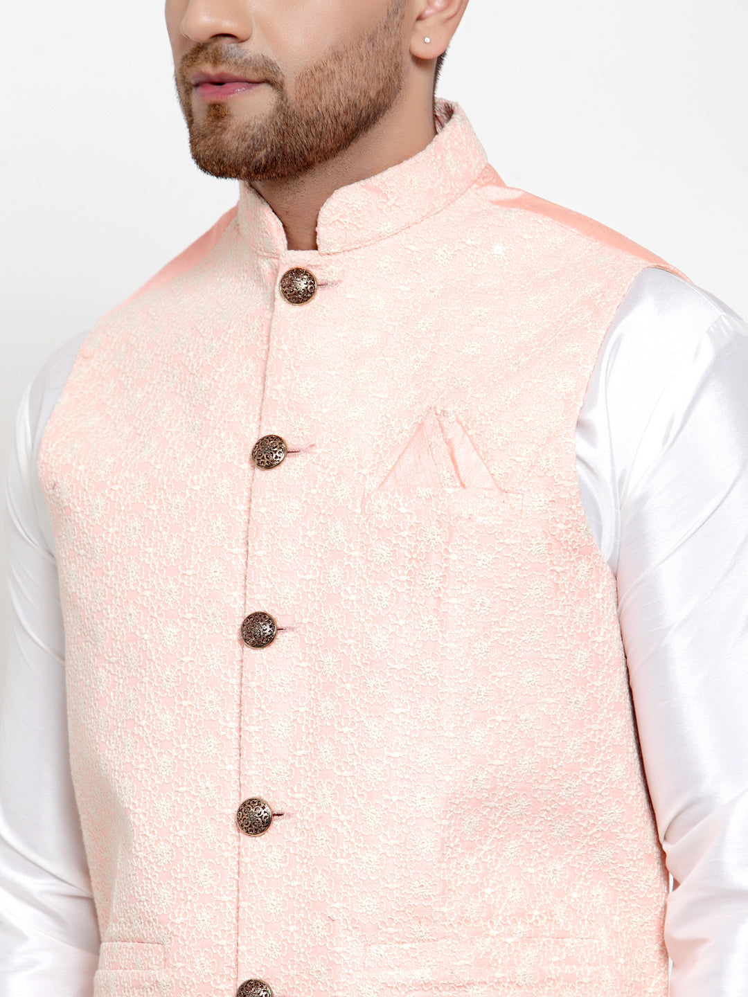 Jompers Men's Solid Dupion Kurta Pajama with Embroiderd Nehru Pink Jacket | Grocsy
