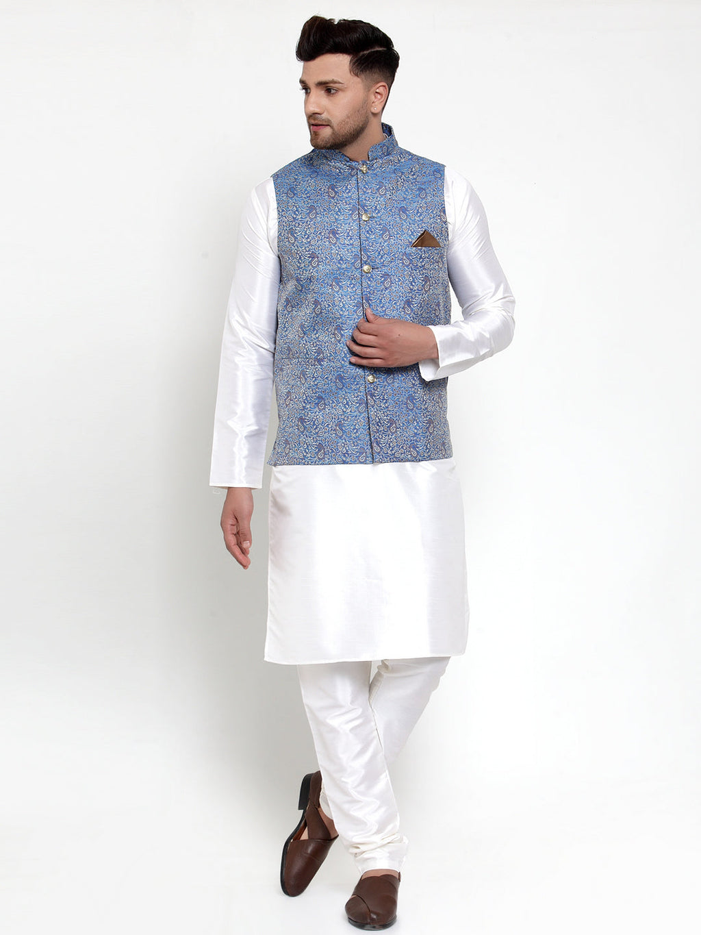Jompers Men's Solid Dupion Kurta Pajama with Woven Jacqaurd Nehru Jacket (Blue) | Grocsy