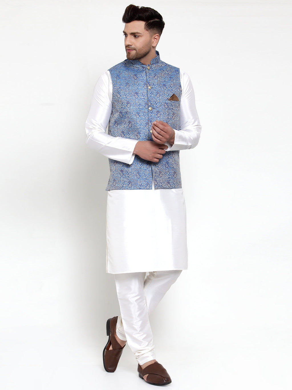 Jompers Men's Solid Dupion Kurta Pajama with Woven Jacqaurd Nehru Jacket (Blue) | Grocsy