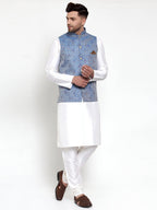Jompers Men's Solid Dupion Kurta Pajama with Woven Jacqaurd Nehru Jacket (Blue) | Grocsy