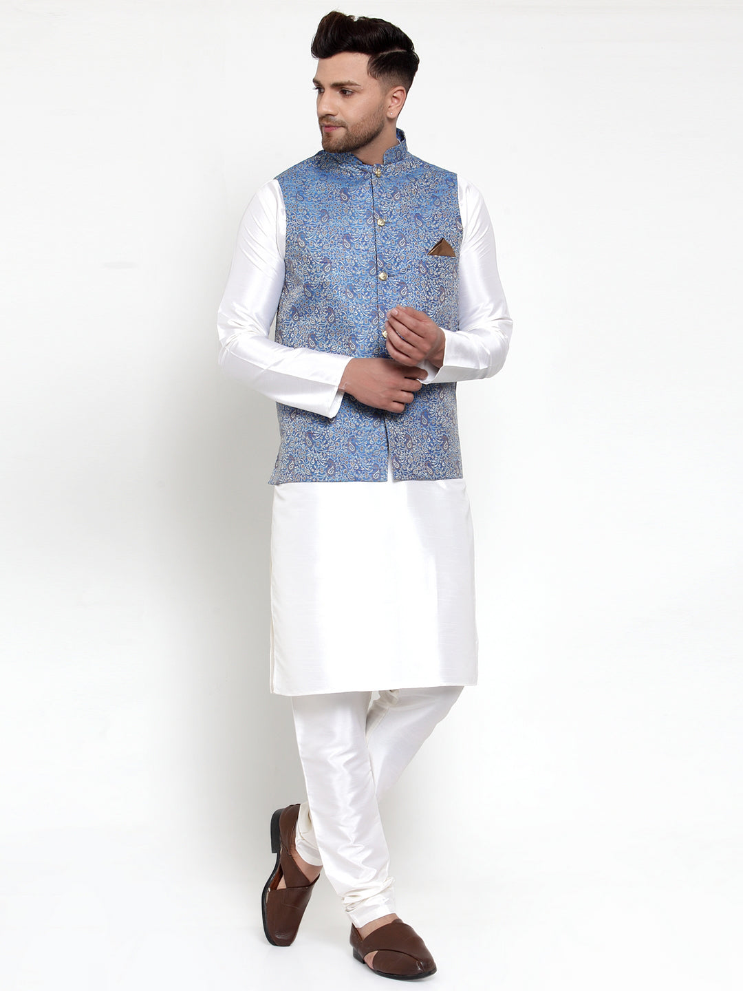 Jompers Men's Solid Dupion Kurta Pajama with Woven Jacqaurd Nehru Jacket (Blue) | Grocsy