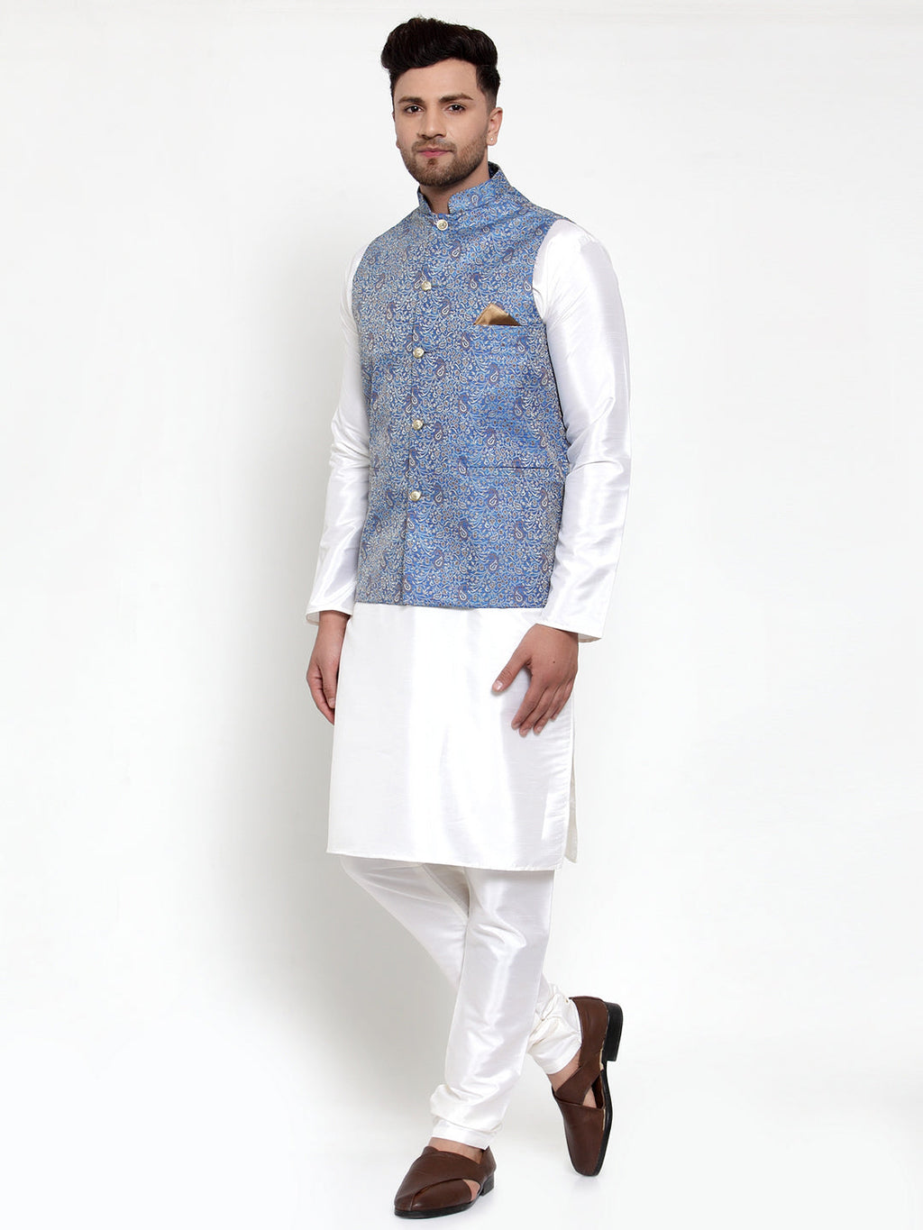 Jompers Men's Solid Dupion Kurta Pajama with Woven Jacqaurd Nehru Jacket (Blue) | Grocsy