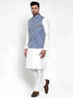 Jompers Men's Solid Dupion Kurta Pajama with Woven Jacqaurd Nehru Jacket (Blue) | Grocsy