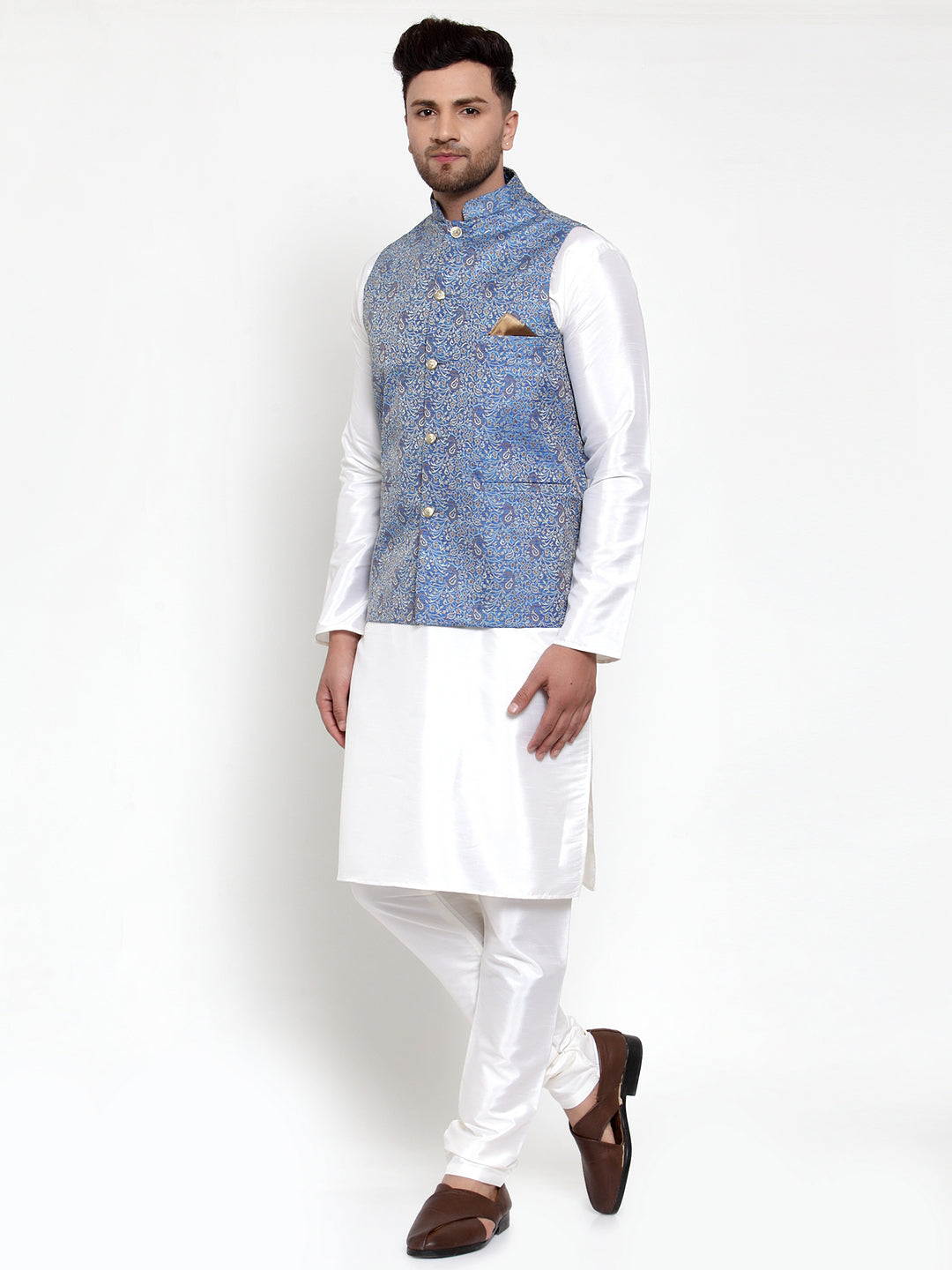 Jompers Men's Solid Dupion Kurta Pajama with Woven Jacqaurd Nehru Jacket (Blue) | Grocsy