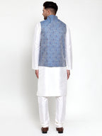 Jompers Men's Solid Dupion Kurta Pajama with Woven Jacqaurd Nehru Jacket (Blue) | Grocsy