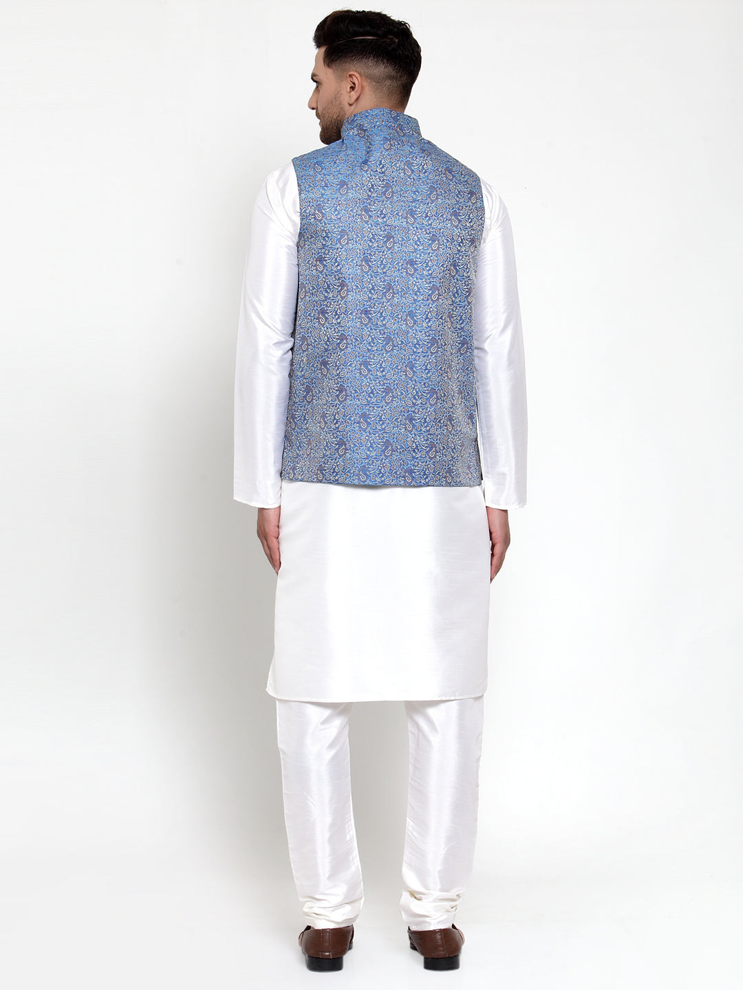 Jompers Men's Solid Dupion Kurta Pajama with Woven Jacqaurd Nehru Jacket (Blue) | Grocsy