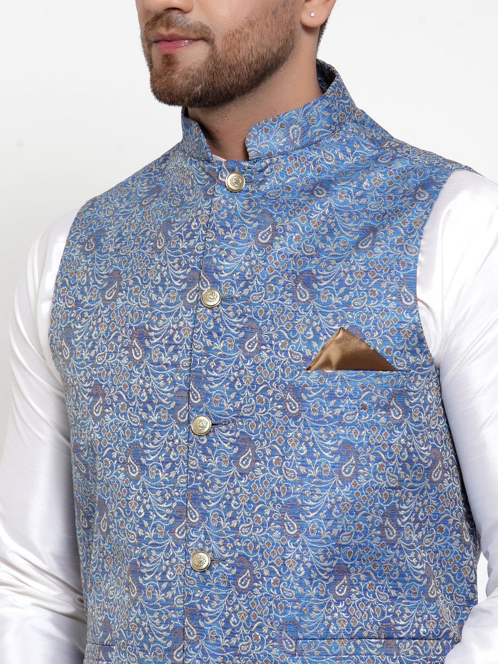 Jompers Men's Solid Dupion Kurta Pajama with Woven Jacqaurd Nehru Jacket (Blue) | Grocsy