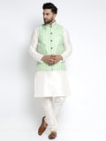 Jompers Men's Solid White Dupion Kurta Payjama with Embroidered Waistcoat (Green) | Grocsy