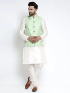 Jompers Men's Solid White Dupion Kurta Payjama with Embroidered Waistcoat (Green) | Grocsy