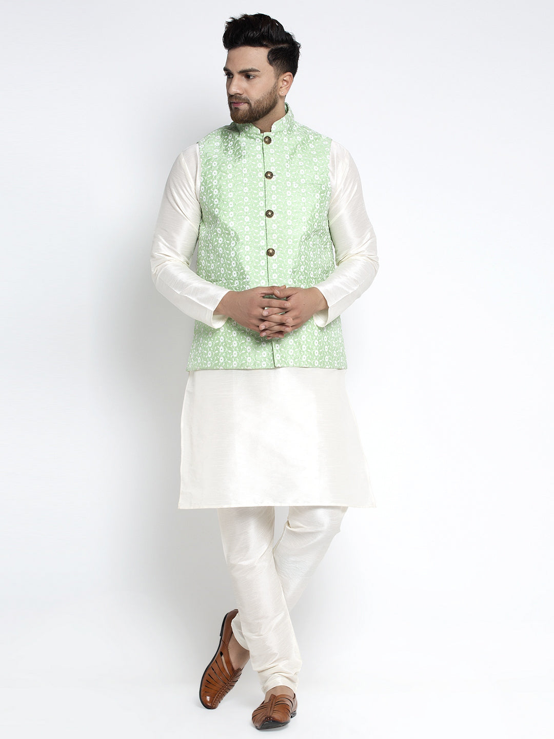 Jompers Men's Solid White Dupion Kurta Payjama with Embroidered Waistcoat (Green) | Grocsy