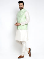 Jompers Men's Solid White Dupion Kurta Payjama with Embroidered Waistcoat (Green) | Grocsy