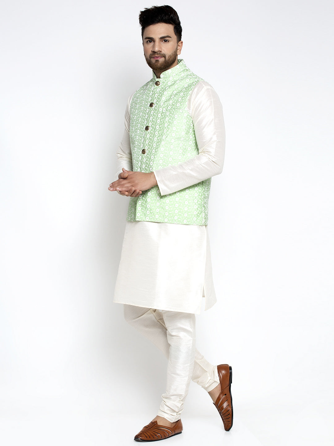 Jompers Men's Solid White Dupion Kurta Payjama with Embroidered Waistcoat (Green) | Grocsy