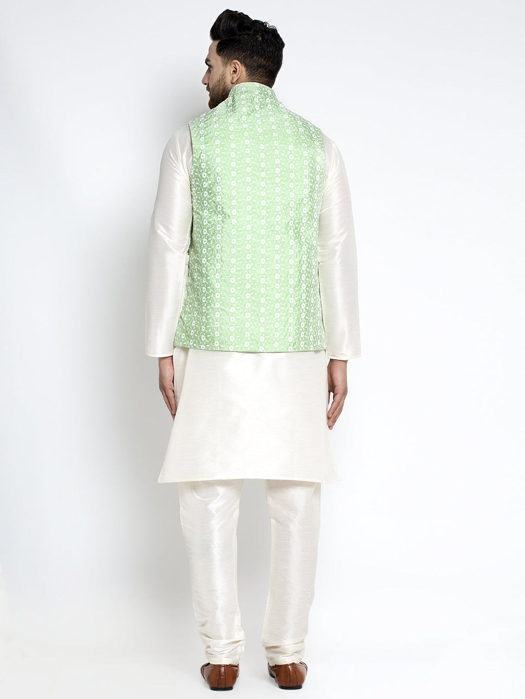 Jompers Men's Solid White Dupion Kurta Payjama with Embroidered Waistcoat (Green) | Grocsy