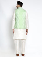 Jompers Men's Solid White Dupion Kurta Payjama with Embroidered Waistcoat (Green) | Grocsy