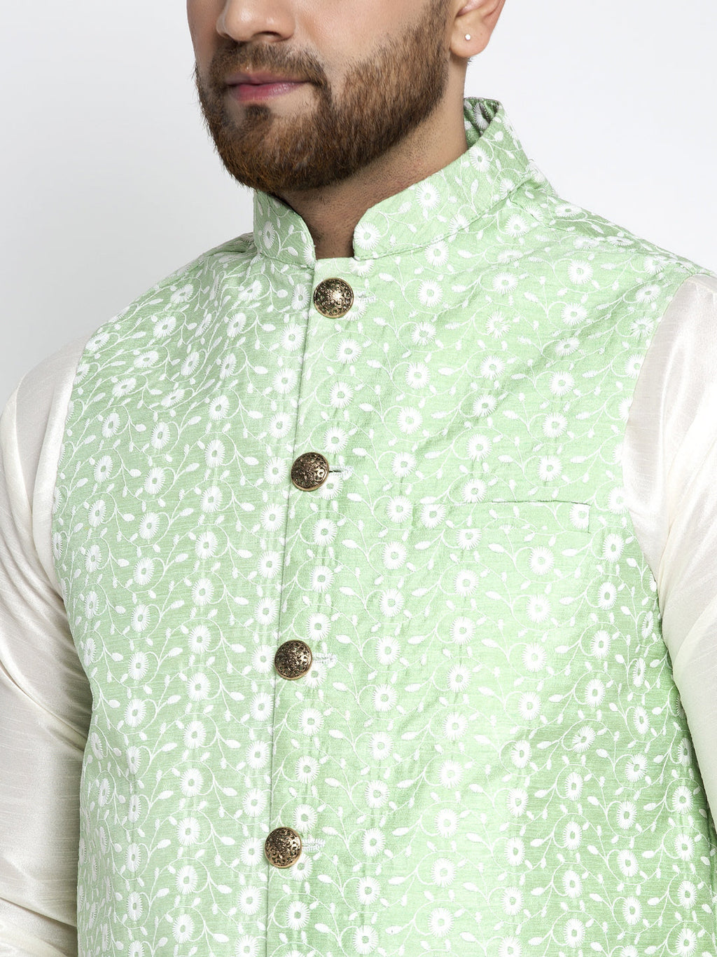 Jompers Men's Solid White Dupion Kurta Payjama with Embroidered Waistcoat (Green) | Grocsy