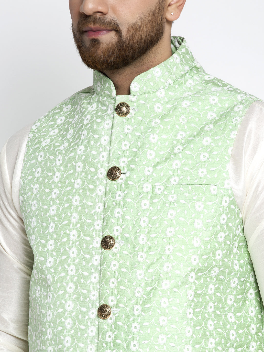 Jompers Men's Solid White Dupion Kurta Payjama with Embroidered Waistcoat (Green) | Grocsy