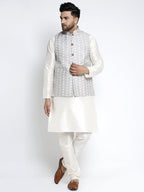 Jompers Men's Solid White Dupion Kurta Payjama with Embroidered Waistcoat (Grey) | Grocsy