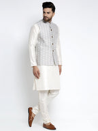 Jompers Men's Solid White Dupion Kurta Payjama with Embroidered Waistcoat (Grey) | Grocsy