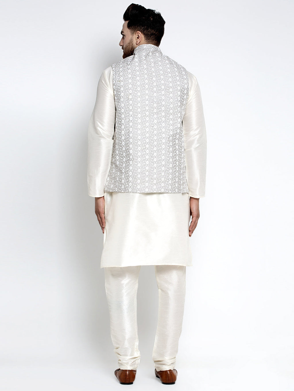 Jompers Men's Solid White Dupion Kurta Payjama with Embroidered Waistcoat (Grey) | Grocsy