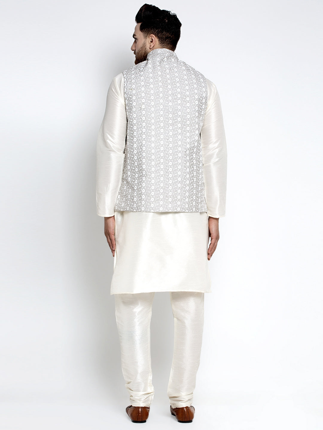 Jompers Men's Solid White Dupion Kurta Payjama with Embroidered Waistcoat (Grey) | Grocsy