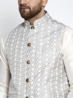 Jompers Men's Solid White Dupion Kurta Payjama with Embroidered Waistcoat (Grey) | Grocsy
