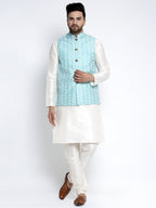 Jompers Men's Solid White Dupion Kurta Payjama with Embroidered Waistcoat (Sky) | Grocsy