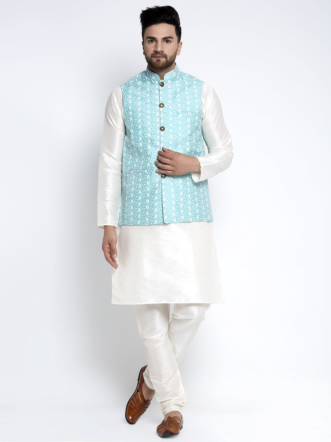 Jompers Men's Solid White Dupion Kurta Payjama with Embroidered Waistcoat (Sky) | Grocsy
