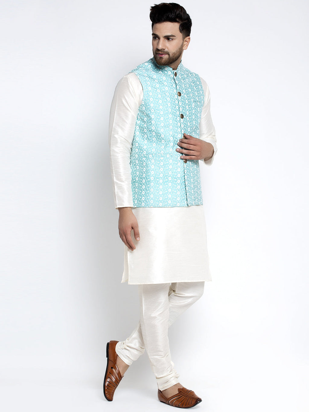 Jompers Men's Solid White Dupion Kurta Payjama with Embroidered Waistcoat (Sky) | Grocsy