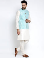 Jompers Men's Solid White Dupion Kurta Payjama with Embroidered Waistcoat (Sky) | Grocsy