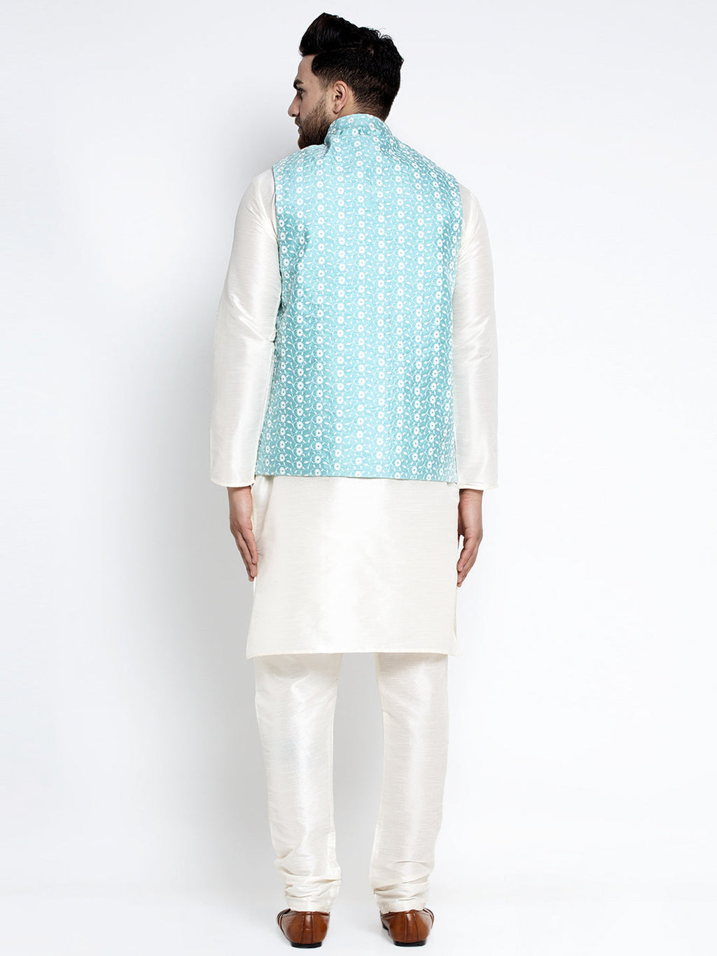 Jompers Men's Solid White Dupion Kurta Payjama with Embroidered Waistcoat (Sky) | Grocsy