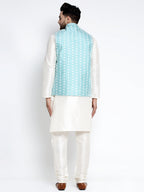 Jompers Men's Solid White Dupion Kurta Payjama with Embroidered Waistcoat (Sky) | Grocsy