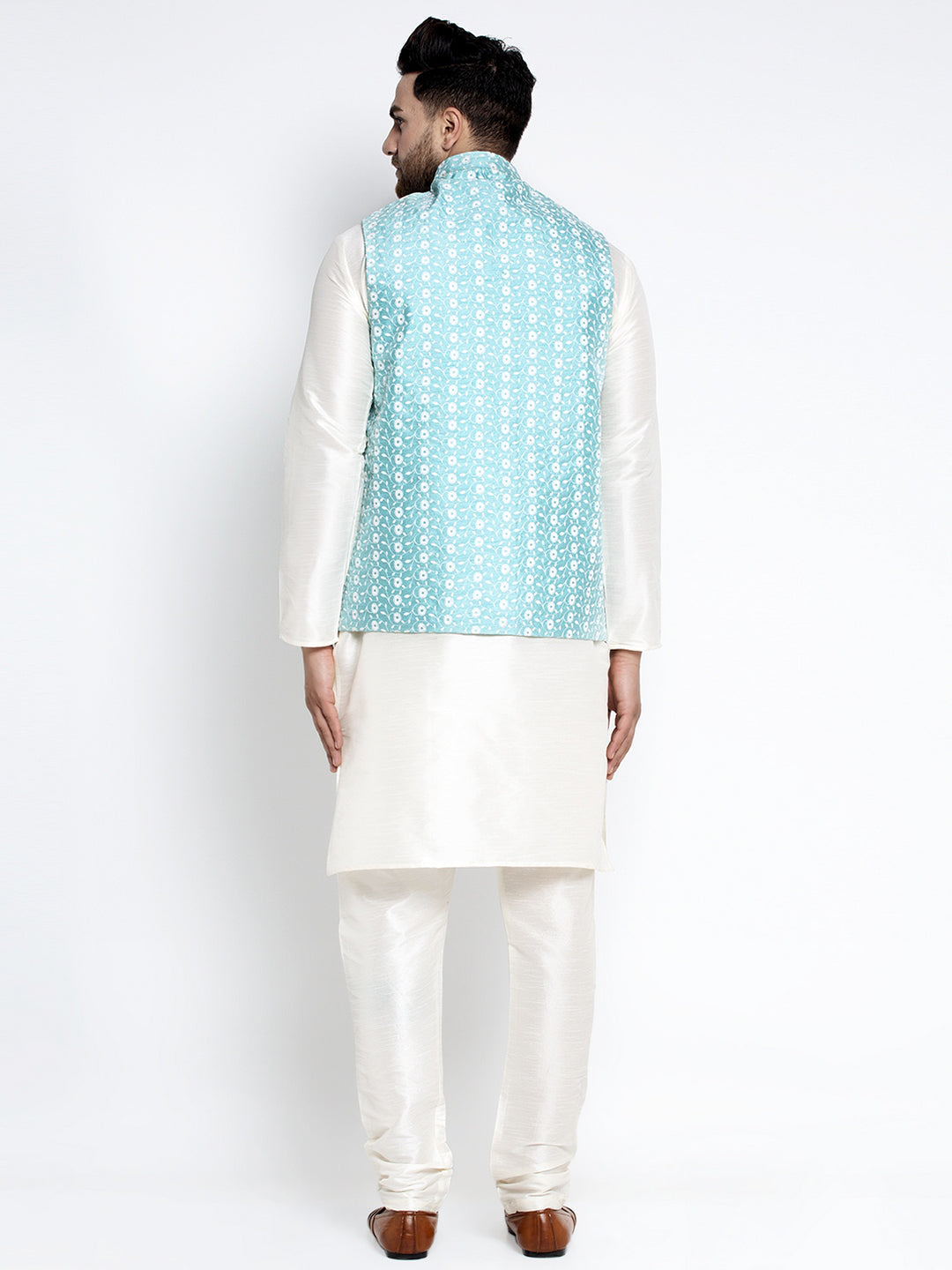 Jompers Men's Solid White Dupion Kurta Payjama with Embroidered Waistcoat (Sky) | Grocsy