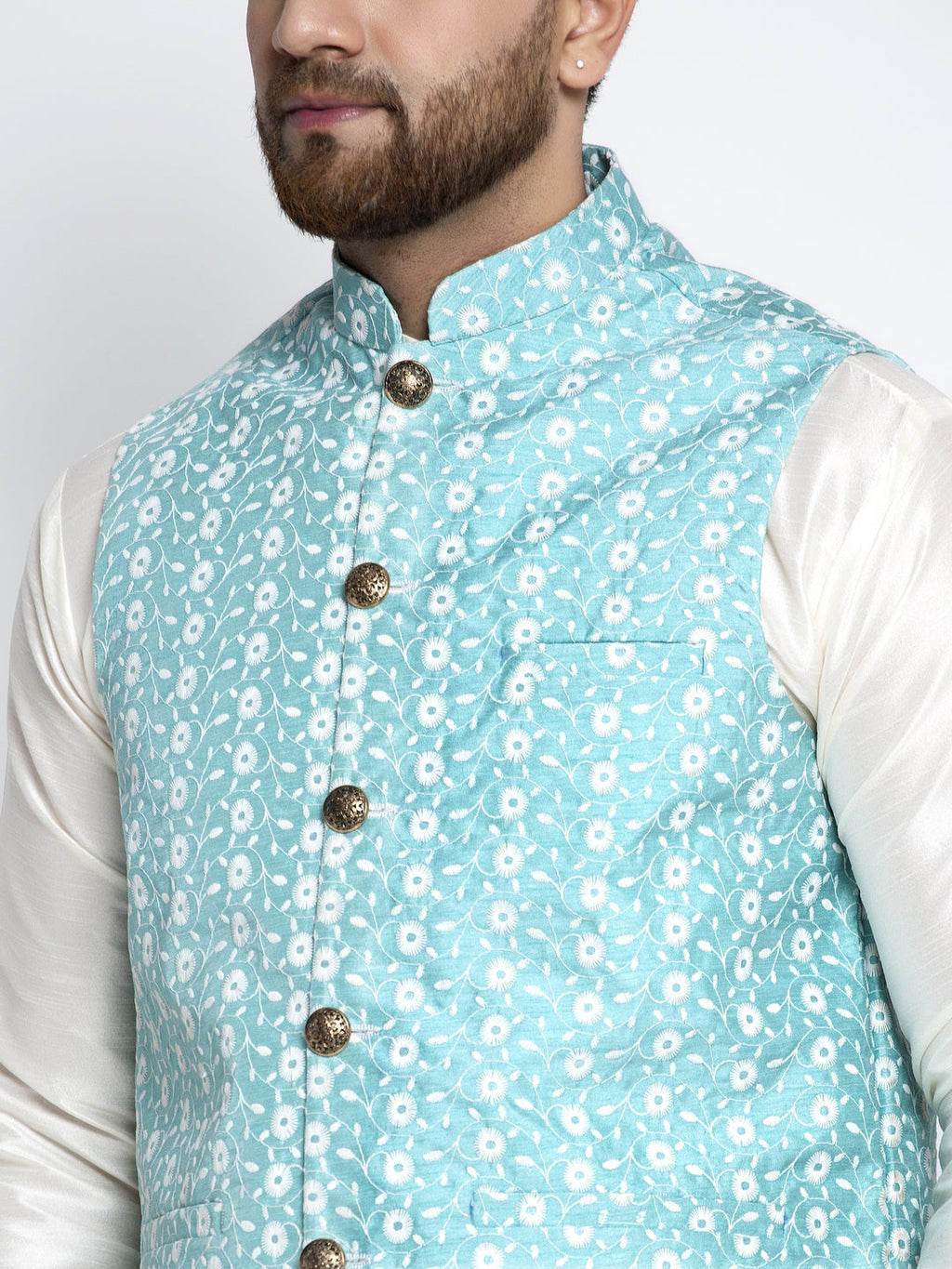 Jompers Men's Solid White Dupion Kurta Payjama with Embroidered Waistcoat (Sky) | Grocsy