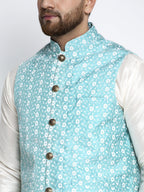 Jompers Men's Solid White Dupion Kurta Payjama with Embroidered Waistcoat (Sky) | Grocsy