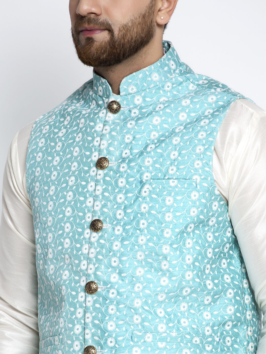 Jompers Men's Solid White Dupion Kurta Payjama with Embroidered Waistcoat (Sky) | Grocsy