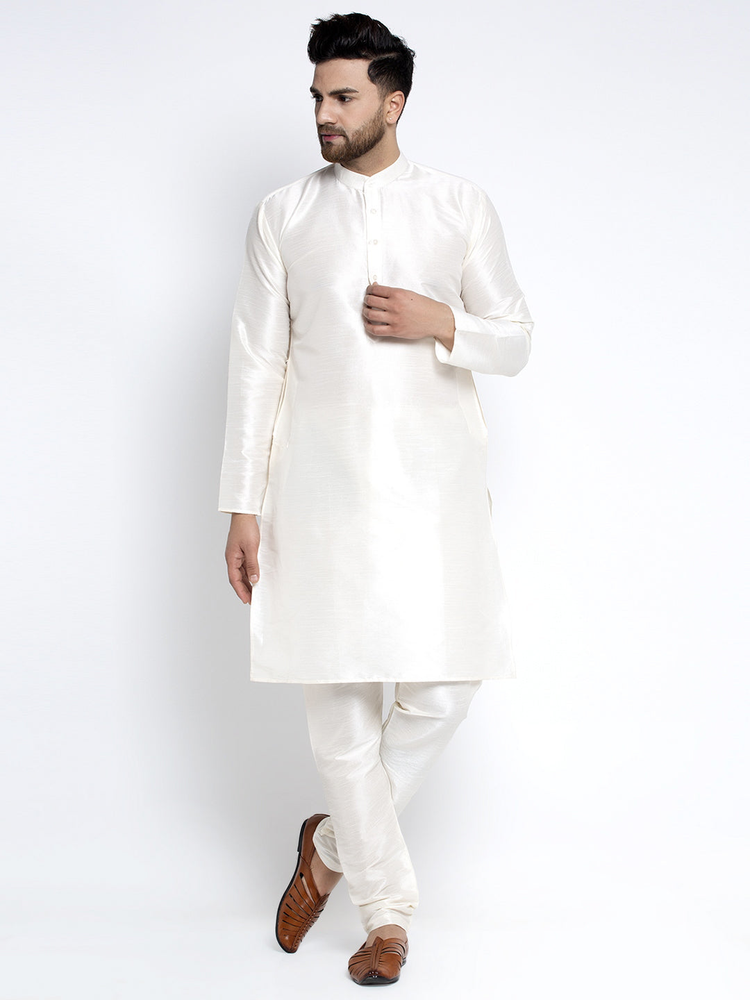 Jompers Men's Solid White Dupion Kurta Payjama with Embroidered Waistcoat (Sky) | Grocsy