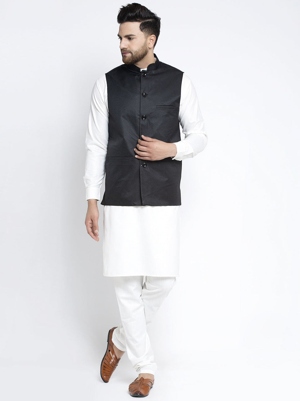 Jompers Men's Solid White Cotton Kurta Payjama with Solid Black Waistcoat | Grocsy