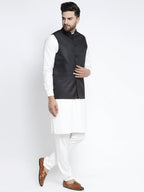 Jompers Men's Solid White Cotton Kurta Payjama with Solid Black Waistcoat | Grocsy