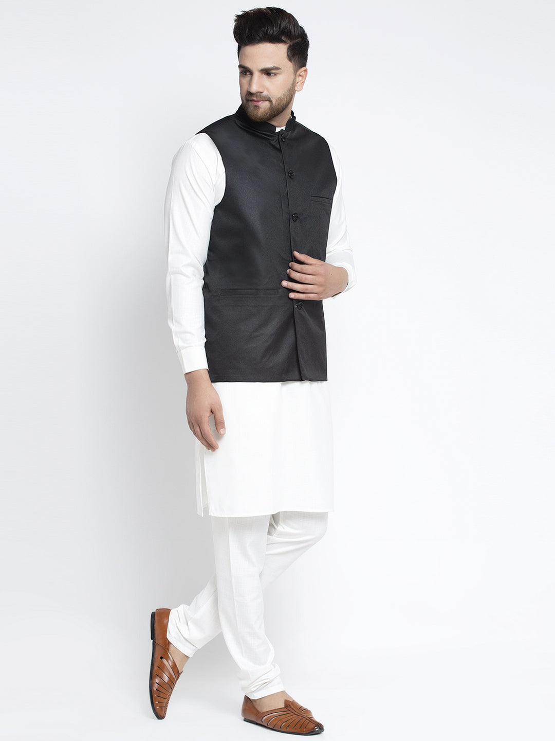 Jompers Men's Solid White Cotton Kurta Payjama with Solid Black Waistcoat | Grocsy