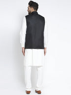 Jompers Men's Solid White Cotton Kurta Payjama with Solid Black Waistcoat | Grocsy