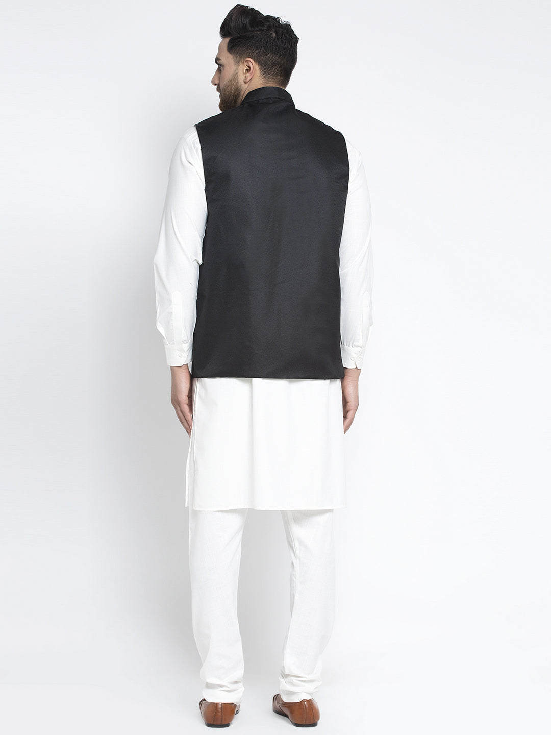 Jompers Men's Solid White Cotton Kurta Payjama with Solid Black Waistcoat | Grocsy