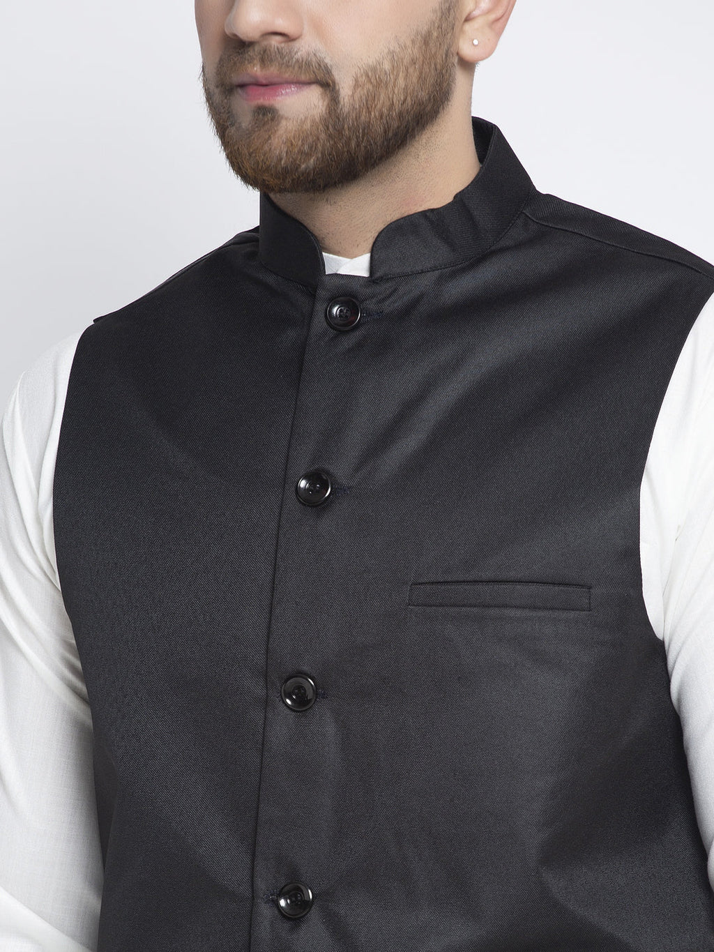 Jompers Men's Solid White Cotton Kurta Payjama with Solid Black Waistcoat | Grocsy