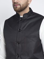 Jompers Men's Solid White Cotton Kurta Payjama with Solid Black Waistcoat | Grocsy