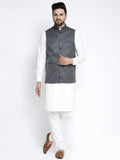 Jompers Men's Solid White Cotton Kurta Payjama with Solid Charcoal Waistcoat | Grocsy