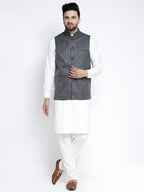 Jompers Men's Solid White Cotton Kurta Payjama with Solid Charcoal Waistcoat | Grocsy
