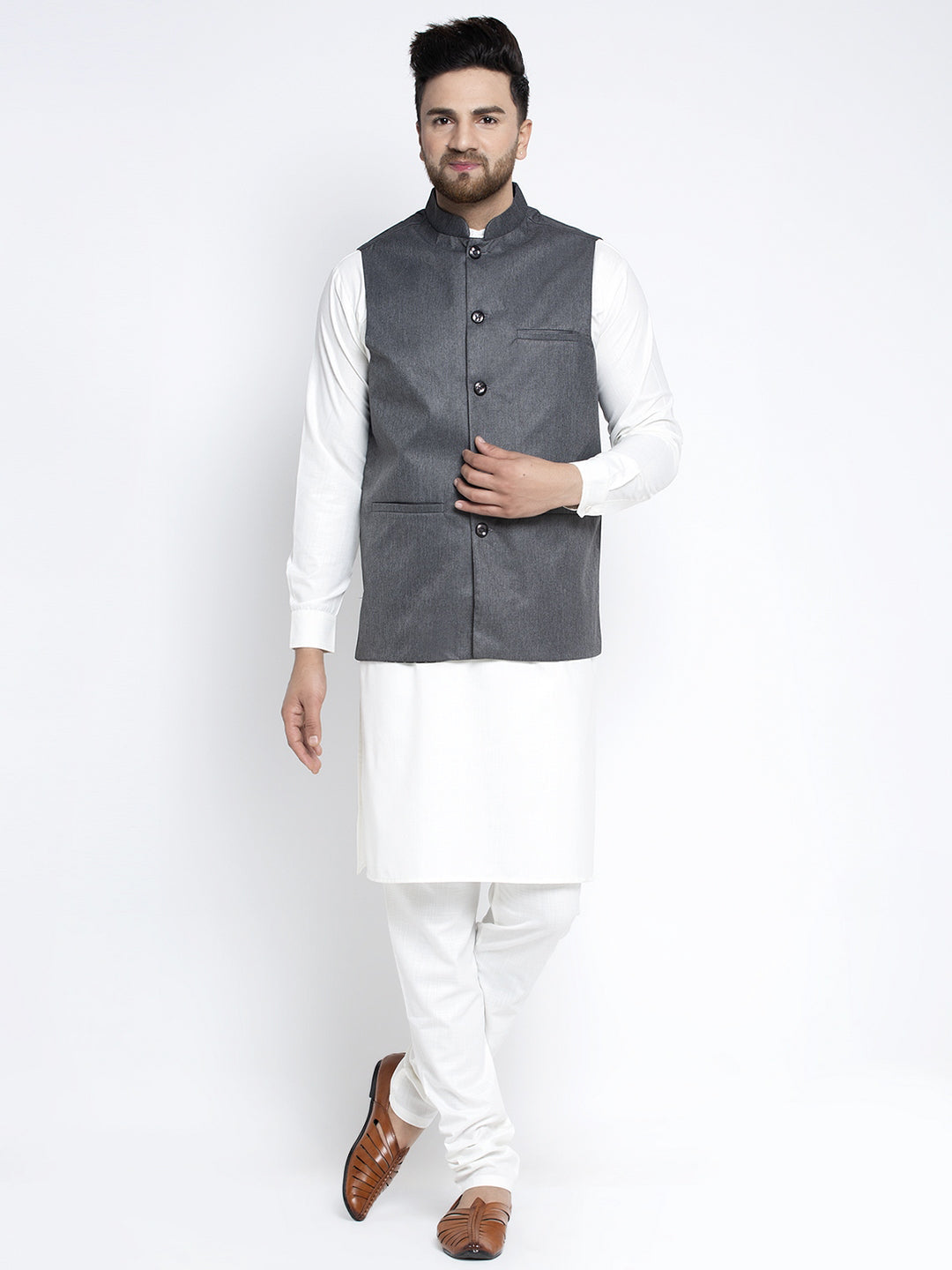 Jompers Men's Solid White Cotton Kurta Payjama with Solid Charcoal Waistcoat | Grocsy