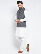 Jompers Men's Solid White Cotton Kurta Payjama with Solid Charcoal Waistcoat | Grocsy
