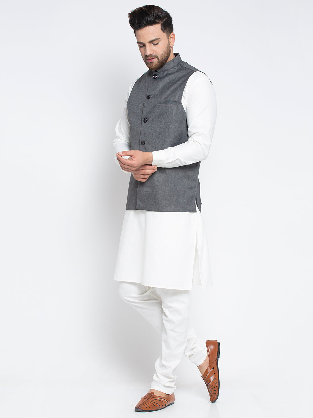 Jompers Men's Solid White Cotton Kurta Payjama with Solid Charcoal Waistcoat | Grocsy