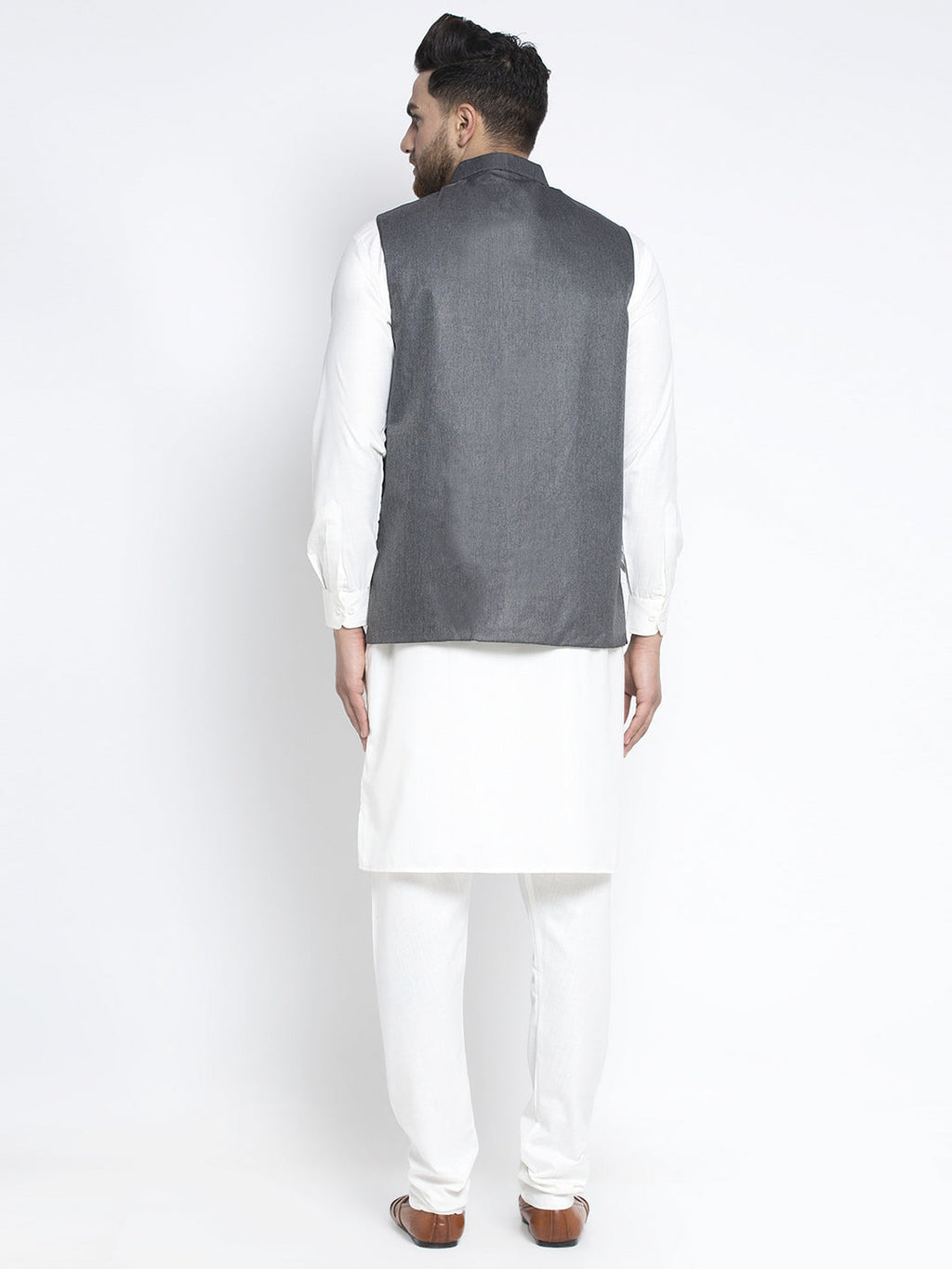 Jompers Men's Solid White Cotton Kurta Payjama with Solid Charcoal Waistcoat | Grocsy