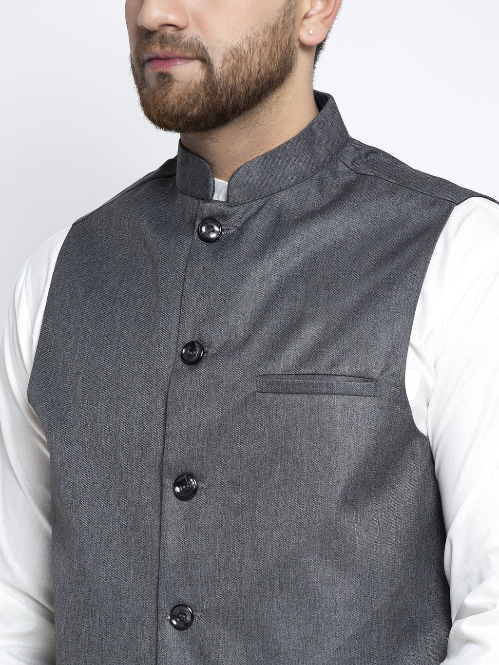 Jompers Men's Solid White Cotton Kurta Payjama with Solid Charcoal Waistcoat | Grocsy